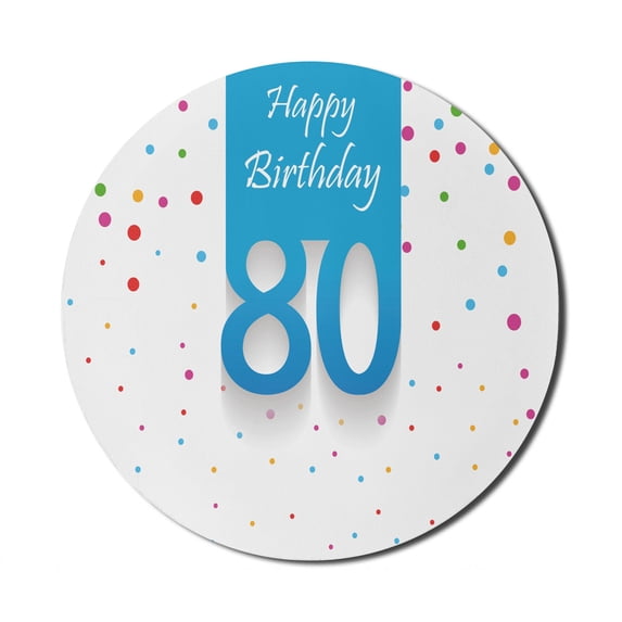 80th Birthday Mouse Pad for Computers, Abstract Sky Blue 80 Image on the Colorful Polka Dots Print, Round Non-Slip Thick Rubber Modern Gaming Mousepad, 8" Round, Multicolor, by Ambesonne
