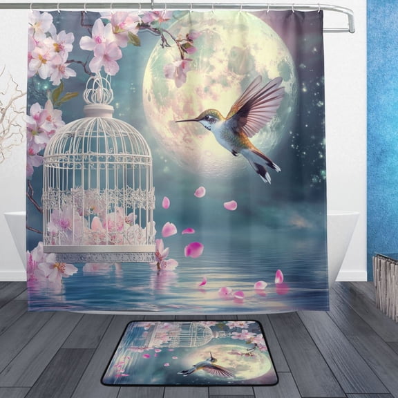 BZSMCE Shower Curtain and Bath Accessory Set,Hummingbird Flowers Moon Water Pattern