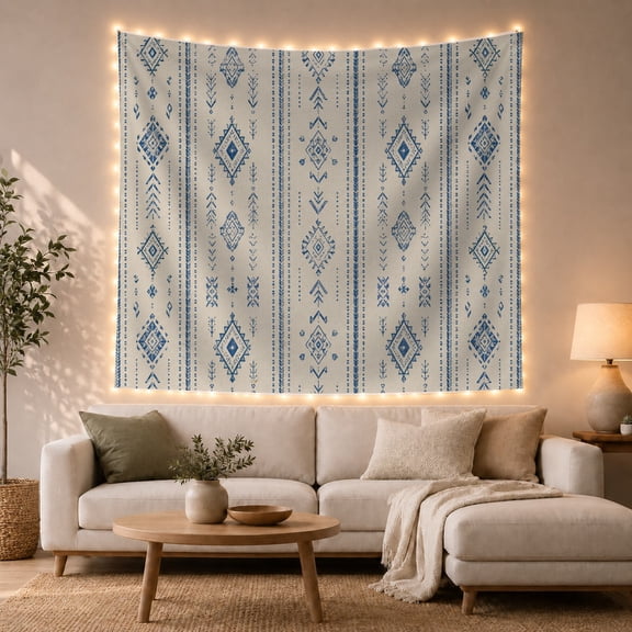 Blue Diamond Medallions in Balanced Ivory Rows, Calming Boho for Home Decor Lovers, Geometric Wall Art, Housewarming Gift, Tapestry Wall Hanging for Bedroom and Living Room
