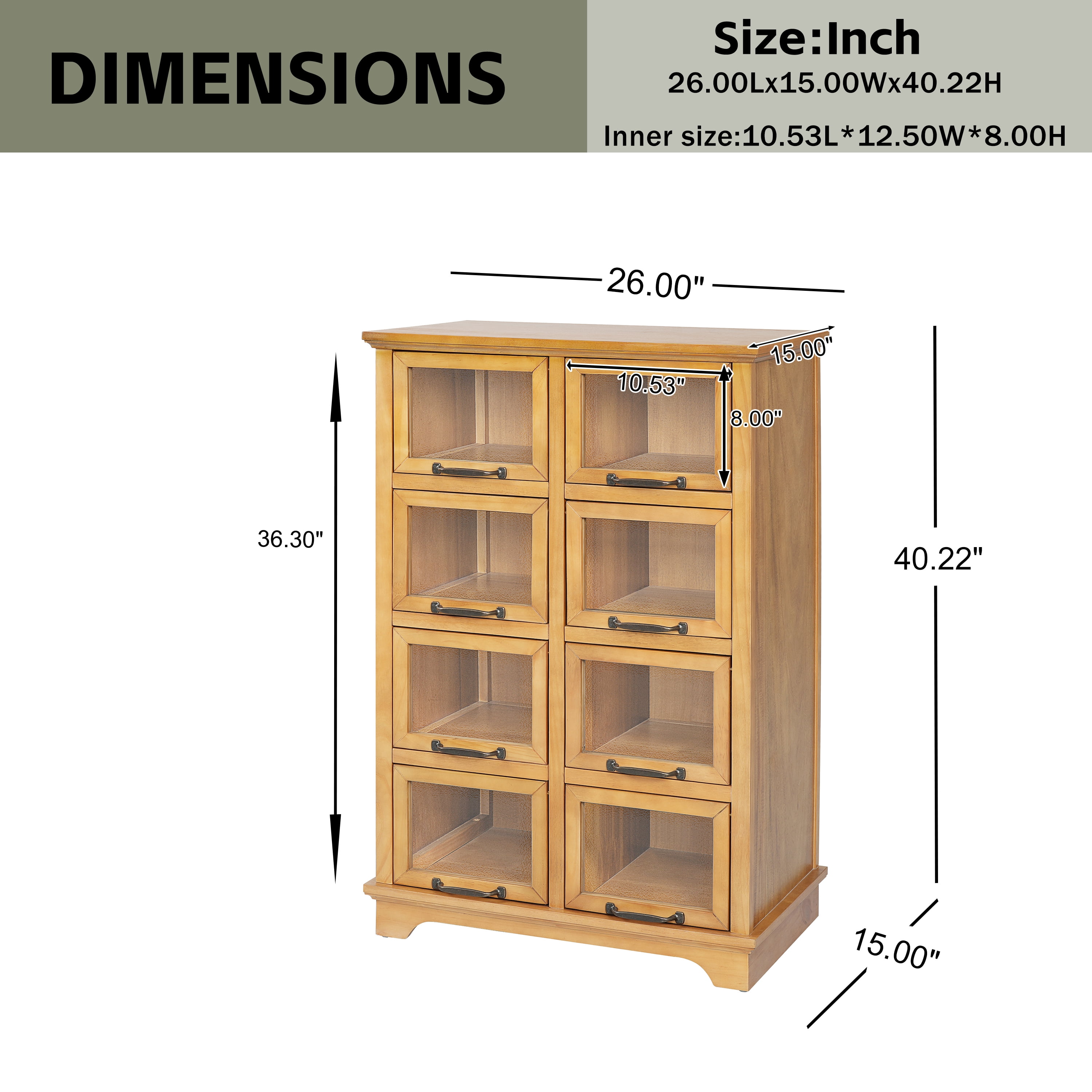 Modern Storage Cabinet with 8 Glass Doors and Wood Shelves, Display Cabinet with Antique Bronze Handles for Living Room, Natural
