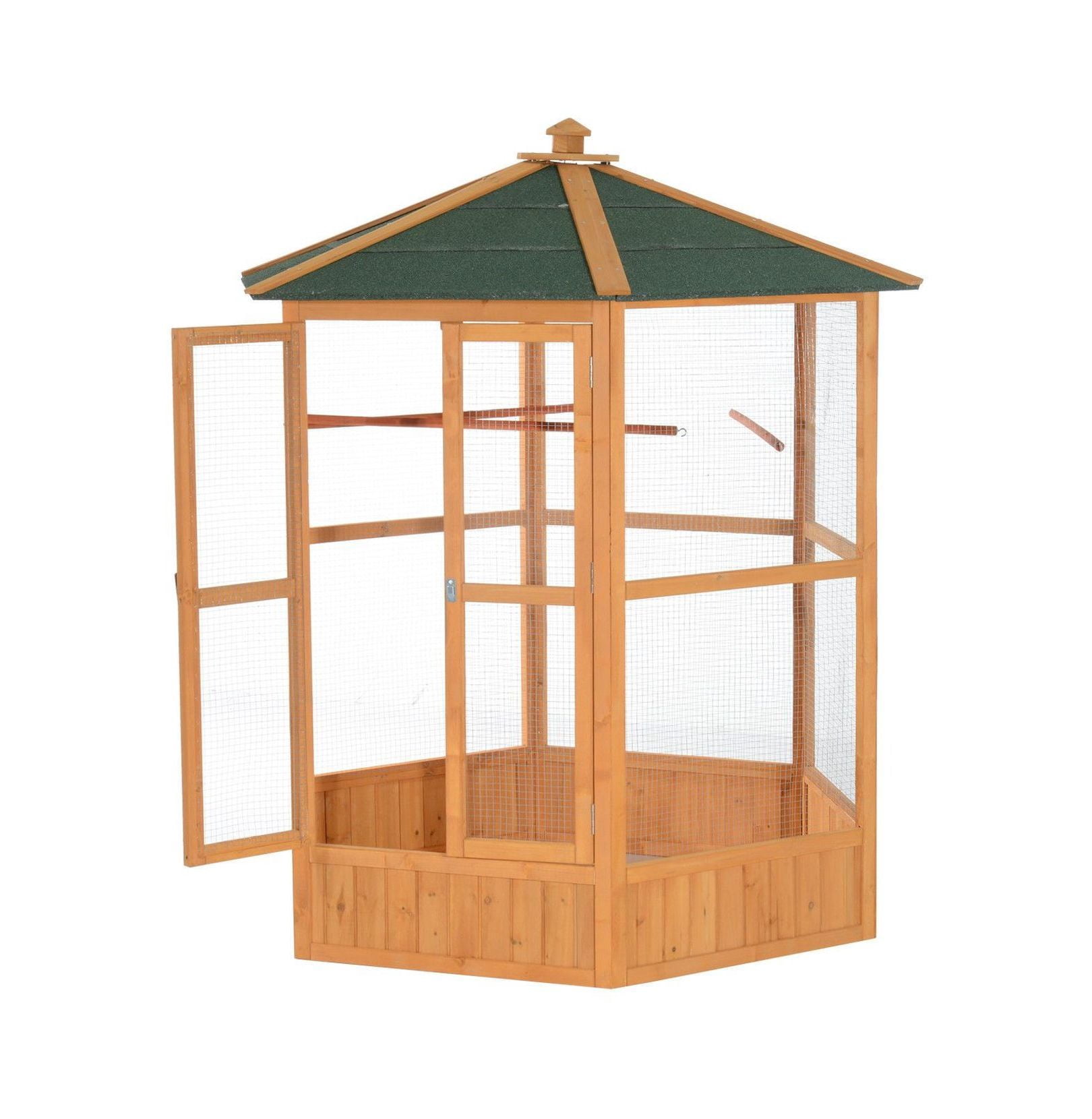 69" Large Wooden Bird Aviary, Hexagonal Outdoor Flight Cage with Roof - Brown
