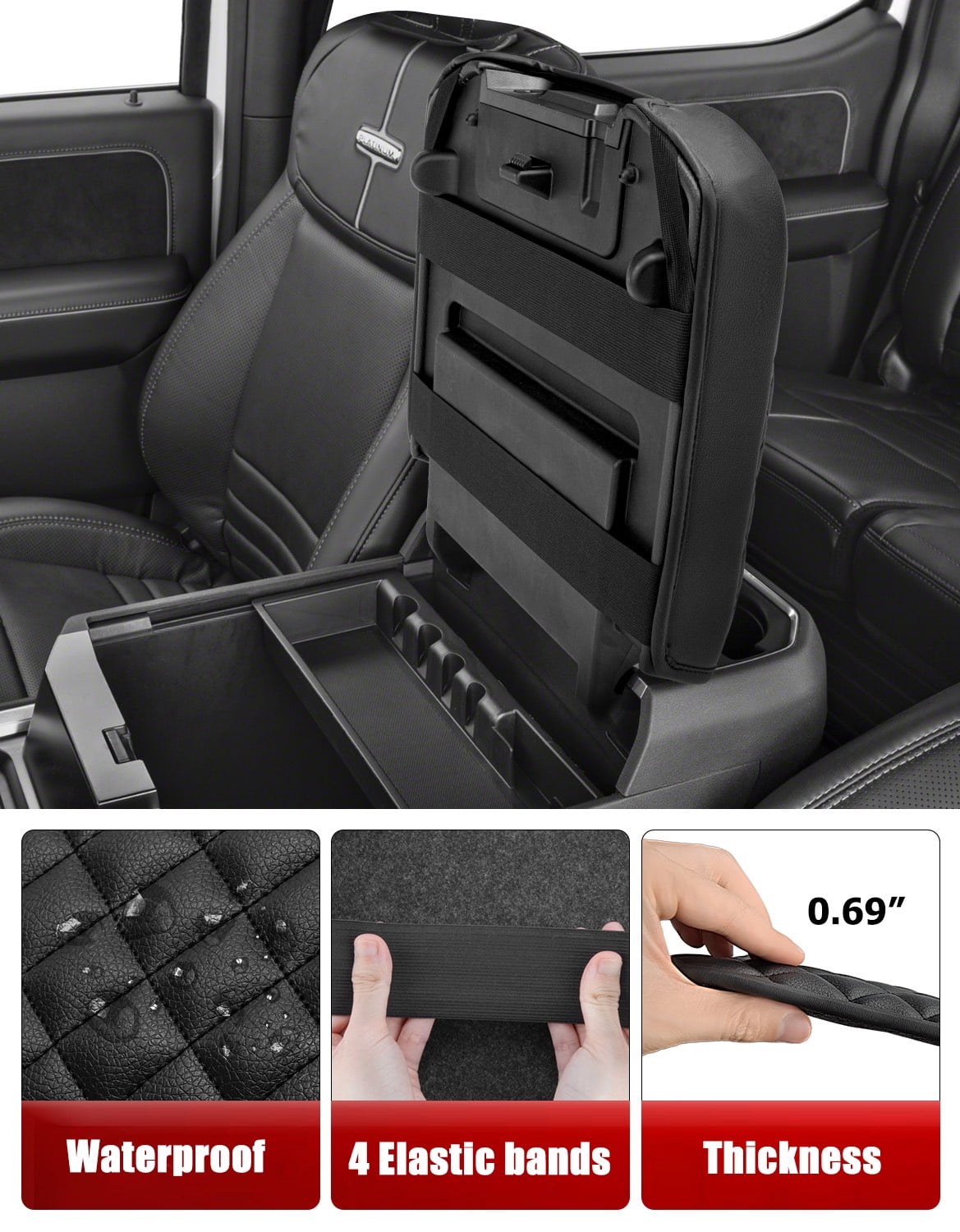 KBH Center Console Cover for 2023-2026 Ford F250 F350 F450 F550 Super Duty Accessories, Black Leather Middle Console Lid Armrest Cushion Pad for Truck Interior(Bucket Seat)