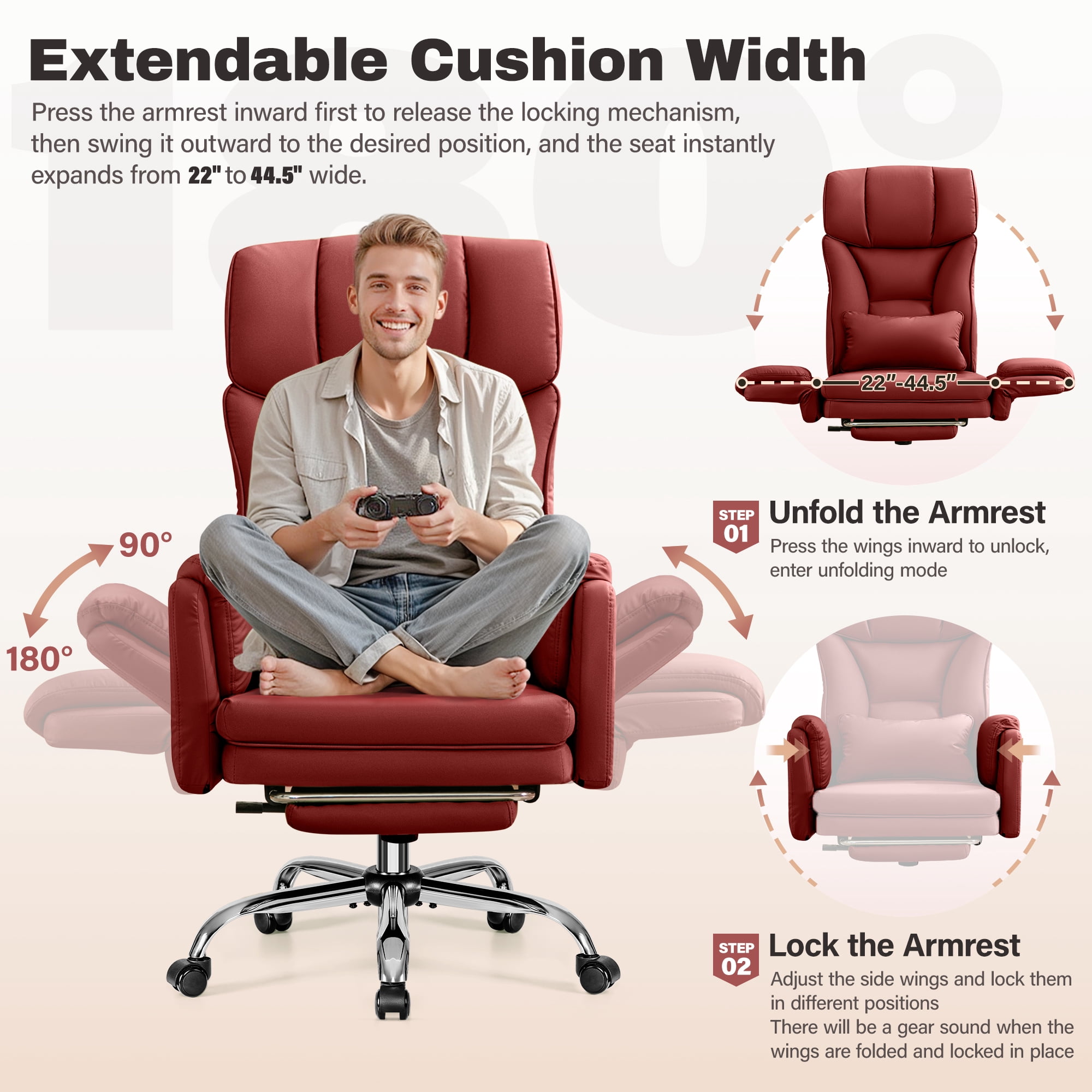 COOLHUT Big and Tall Office Chair, High Back Executive PU Leather Desk Chair with Footrest, Ergonomic Home Office Chair Computer Chair with Lumbar Support & Padded Armrest, Burgundy Red