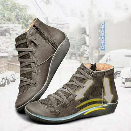 

Women s Casual Flat Leather Retro Lace-up Boots Side Zipper Round Toe Shoe Boots