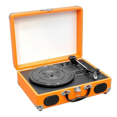PYLE PVTT2UOR - Portable Classic Retro-Style Turntable System with USB-to-PC Connection, Rechargeable Battery (Orange Color)