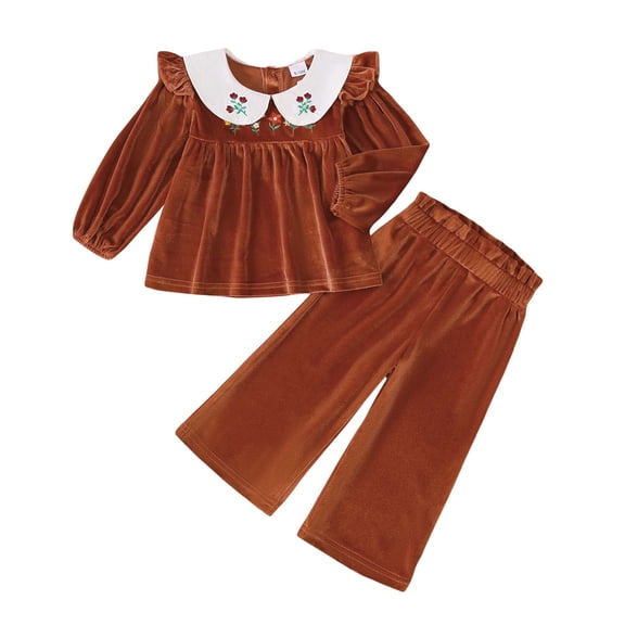 Yaoqi 12 Months Infant Baby Girl Outfit Set 18 Months Winter Clothes Ruffle Long Sleeves Pullover Top Solid Color Pants 2pcs Clothing Brown
