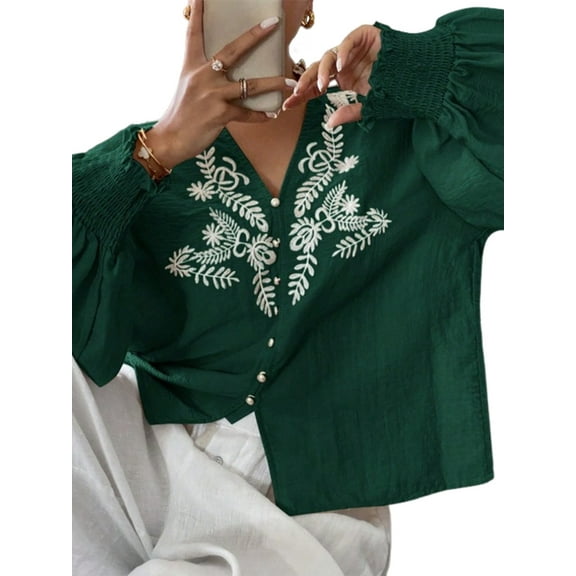 Women'S Embroidered Linen Shirts Button Up Sleeve V Neck Boho Blouse Green XL