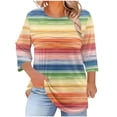 thumbnail image 2 of Vetsdori Plus Size Tops for Women 3/4 Sleeve Pullover Tunic Pleated Trendy,Round Neck Striped Womans T-shirts Summer, 2 of 5
