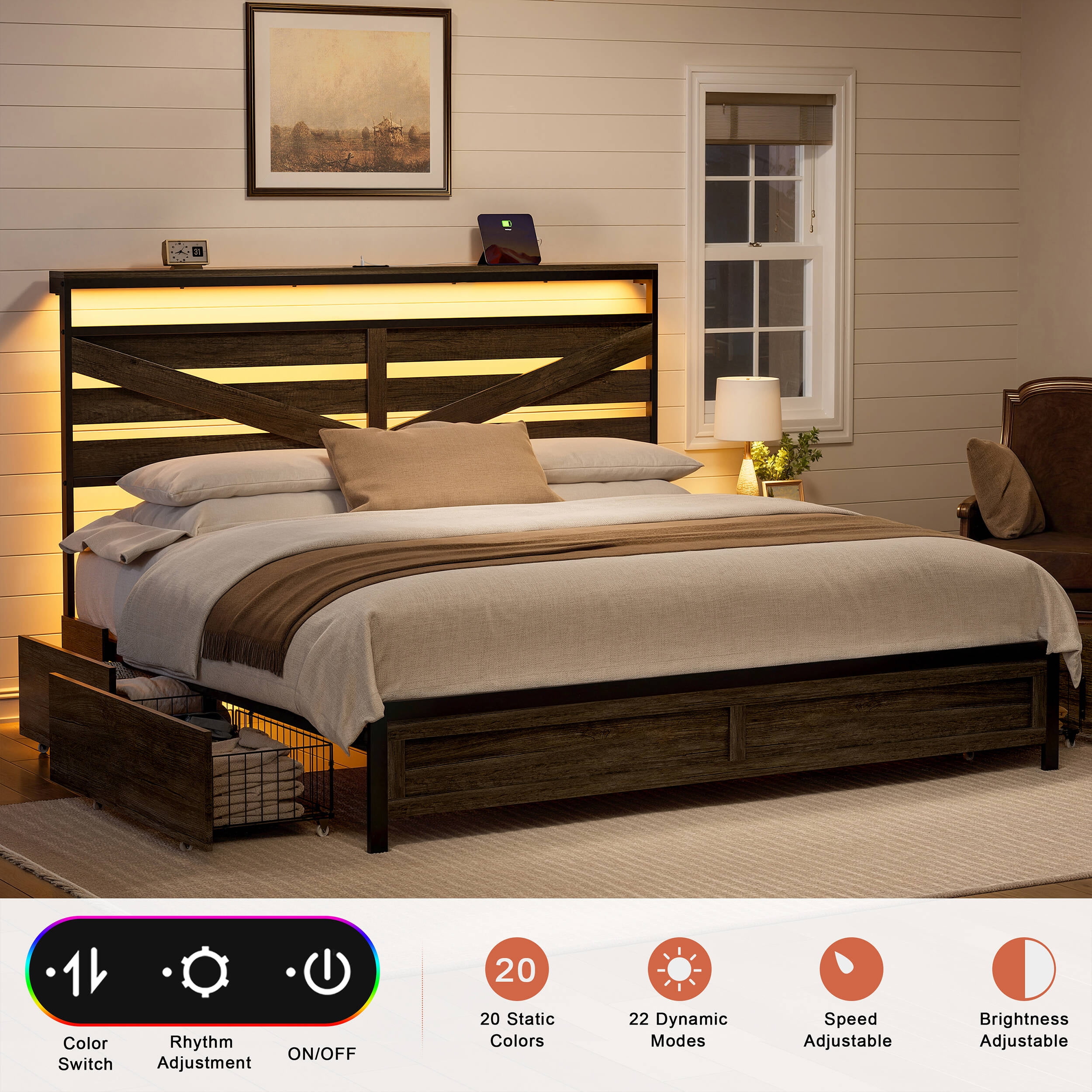 GUNAITO King Bed Frame with Storage Headboard & 4 Drawers, Dark Gray Industrial Metal Platform Bed with Charging Station and LED