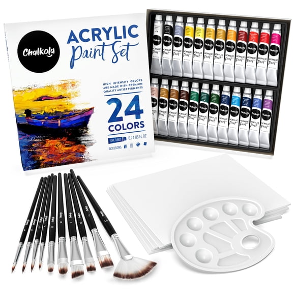 Chalkola Acrylic Paint Set for Adults, Kids & Artists - 40 Piece Acrylic Painting Supplies Kit, with 24 Acrylic Paints (22ml), 10 Painting Brushes, 5 Canvas for Acrylic Painting (8x10) & 1 Palette