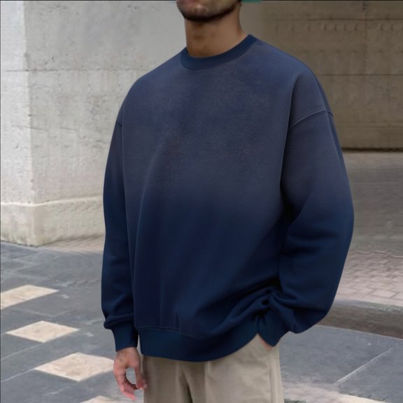 FAOWME Men's Pullover Long Sleeve Round Neck Gradient Comfortable Breathable Sweatshirt For Casual Daily Wear Navy Xxl