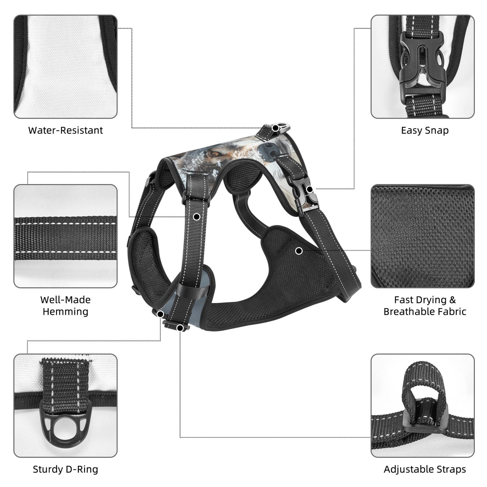 Kdxio Majestic Snowy Wolf Print No Pull Dog Harness Adjustable Reflective Oxford Easy Control Medium Large Dog Harness for Training and Everyday-Large