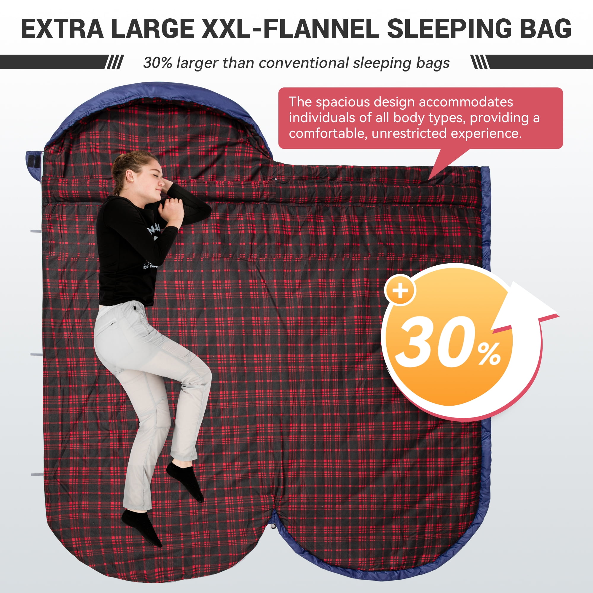 KingCamp XL Cotton Flannel Sleeping Bags, Oversized Weatherproof 3-Season Sleep bag with hood for Camping & Hiking & Backpacking, 17.6℉-54℉ (Navy)