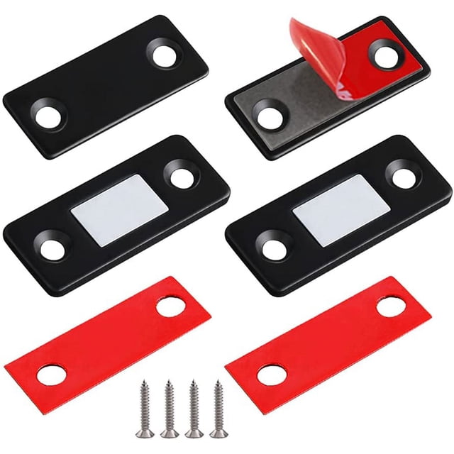imanes para puerta xcf paquete de 2 ultrafinos cierre magnético para puerta de cajón color negro — dos placas magnéticas negras ultrafinas (3.65 mm) con orificios para tornillo, cuatro tornillos de acero inoxidable y cuatro tiras adhesivas de doble cara rojas; vista cenital que muestra una tira adhesiva parcialmente despegada para detalle de instalación, indicado para puertas de armario y cajones ligeros.