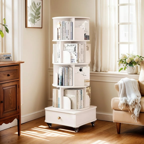Demi Bonn 360° Rotating Bookcase Tower, 5-Tier Round Wooden Bookshelf with Wheels and Drawer for Bedroom, Living Room, Office, White