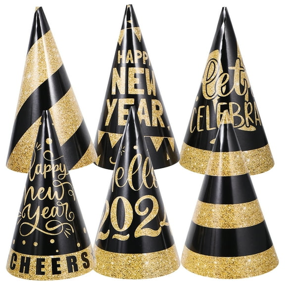 OUNONA Happy New Year Party Cone Hats, Fancy Multi-Color, 6 Pieces, Celebration Accessories for New Year's Eve
