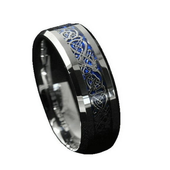 Tungsten Rings for Men Wedding Bands for Him 8mm Silver on Blue Celtic Dragon