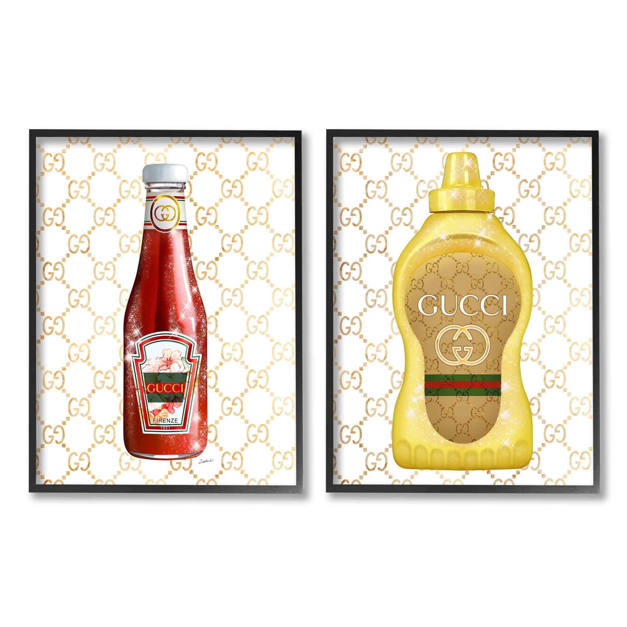 Stupell Industries Glam Fashion Kitchen Condiments Cooking Sparkle Pattern Graphic Art Black Framed Art Print Wall Art, Set of 2, Design by Ziwei Li