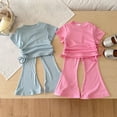 thumbnail image 3 of SONGGE Toddler Girls Summer Outfit Sets Elastic Solid Color O-Neck Short Sleeve Tops With Flared Pants Soft Casual Two Piece Back To School Adorable Clothing Sets, 3 of 3