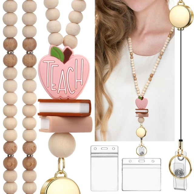 YSTIANN Lanière pour Enseignant avec Porte-Identité - Lanière Rétractable Mignonne en Perles de Bois Naturel pour Femmes, Idéale pour Badges d'Identité, Clés, Accessoire Élégant pour École et Bureau (Marron) WJ94-0438