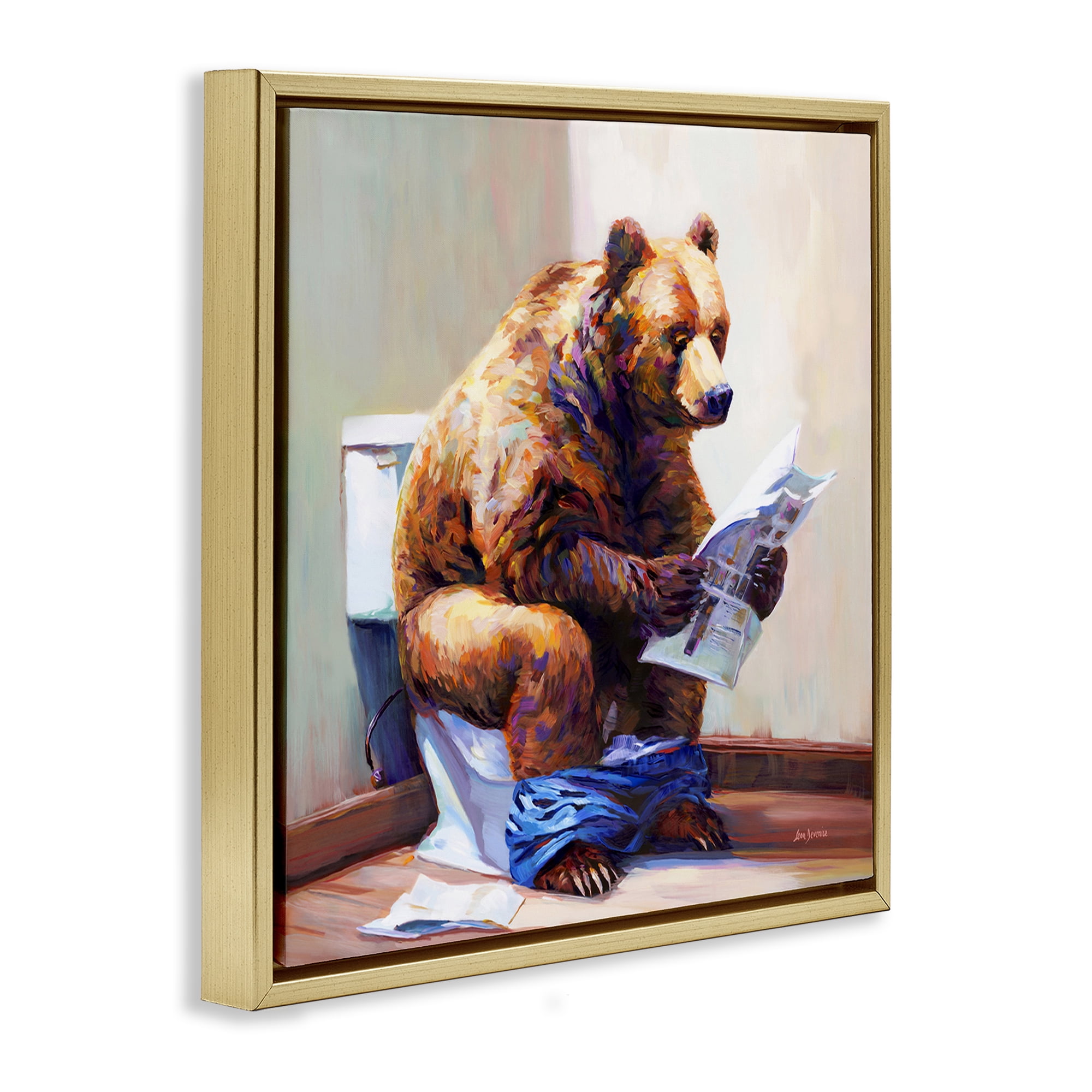 Stupell Industries Bathtub Bear with Graffiti Typography Painting Gold Floater Framed Canvas Art Print Wall Art, 18 x 18