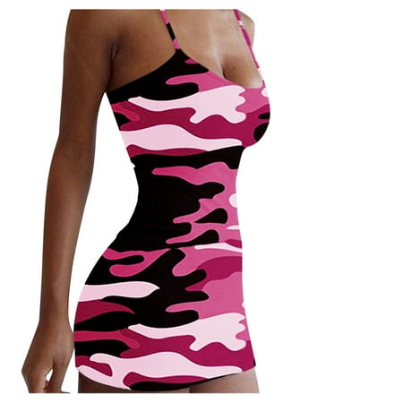 wendunide summer dresses for women 2022 Women Casual Camouflage Print Tight-fitting Sleeveless Sling Bag Dress Pink XXL
