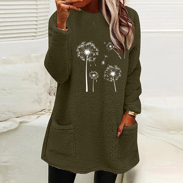 RKSTN Blouses pour Femmes Col Rond Manches Longues Poche Imprimée et Hiver Épais Chaud Haut en Peluche Blouses pour Femmes Habillées Décontractées