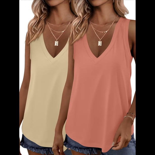 Paquete de 2 Camisetas Sin Mangas para Mujer, Blusas Informales Holgadas con Cuello en V para Vacaciones en la Playa. Albaricoque y Coral L