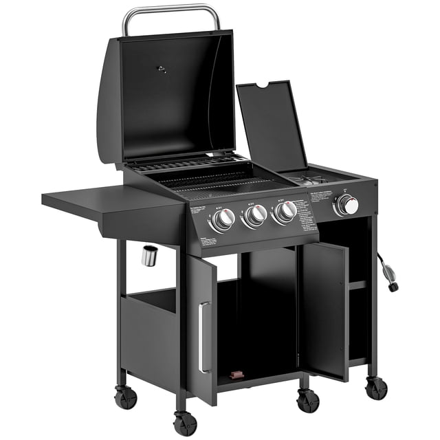 CoSoTower 3 Burner Gas Grill with Side Burner, 9.5 KW Propane BBQ Grill, Cabinet Style with Shelves, Wheels, Instant Ignition