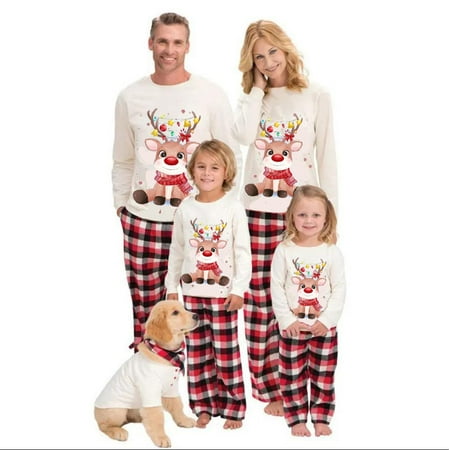 

Family Matching Christmas Pajamas Baby Romper/Deer Print Crew Neck Long Sleeve Tops Plaid Pants Sleepwear Set