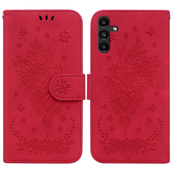SaniMore Multi-Functional Magnetic Wallet Case for Samsung Galaxy A54 5G, Card Holder PU Leather Butterfly Rose Embossing Cover with Kickstand & Wrist Strap Shockproof Protective Shell, Red