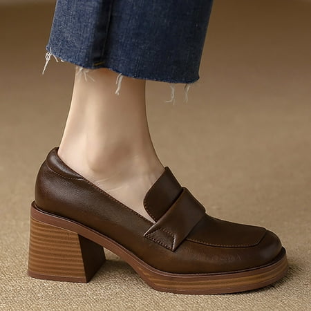 

ZTTD Leisure Women Artificial Leather Solid Color Autumn Thick Sole Square Heels Slip On Lazy People Round Toe Shoes