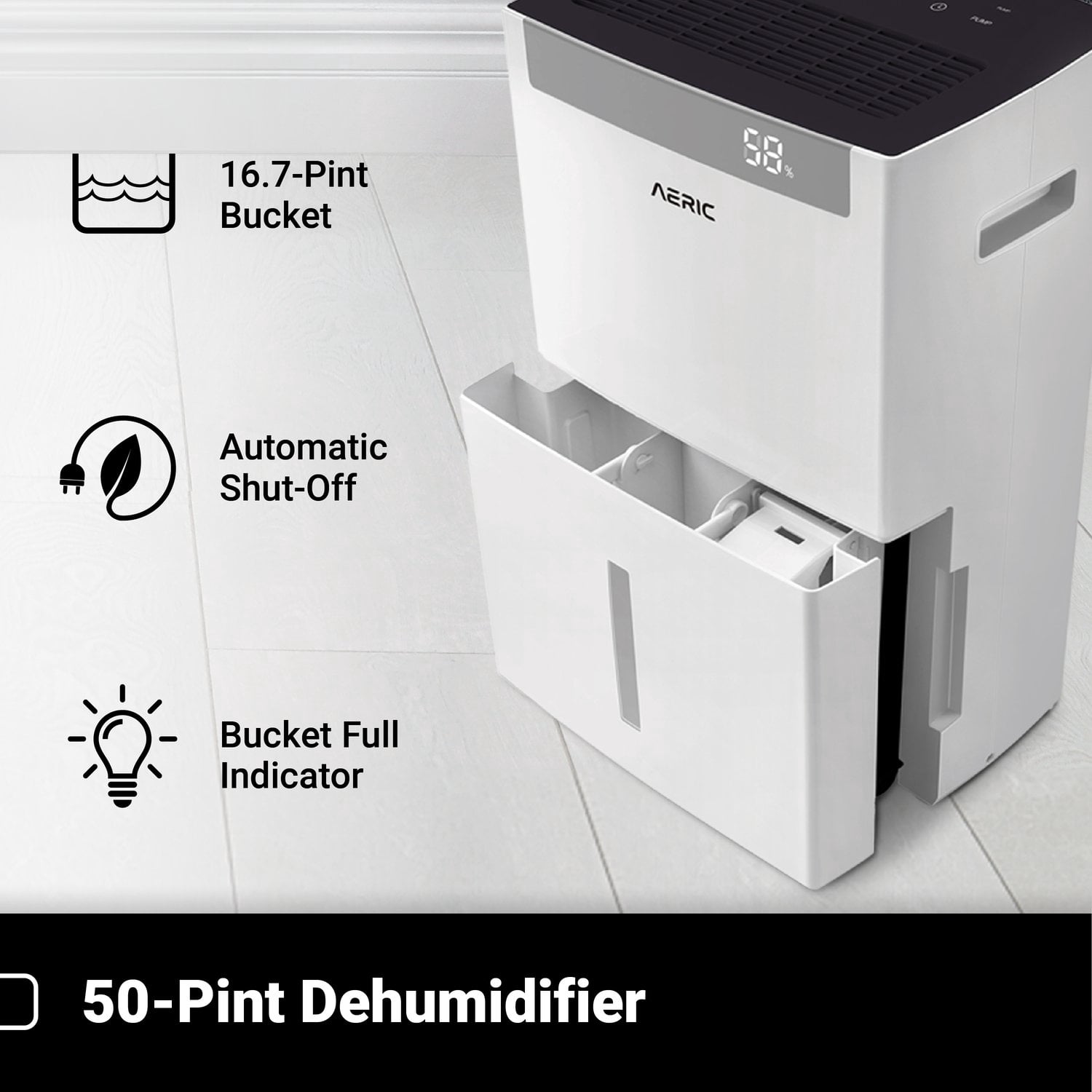 Aeric 50-Pint 4500 Sq Ft Large Portable Dehumidifier with Cooling Fan & Drain Hose, White, AERD501P