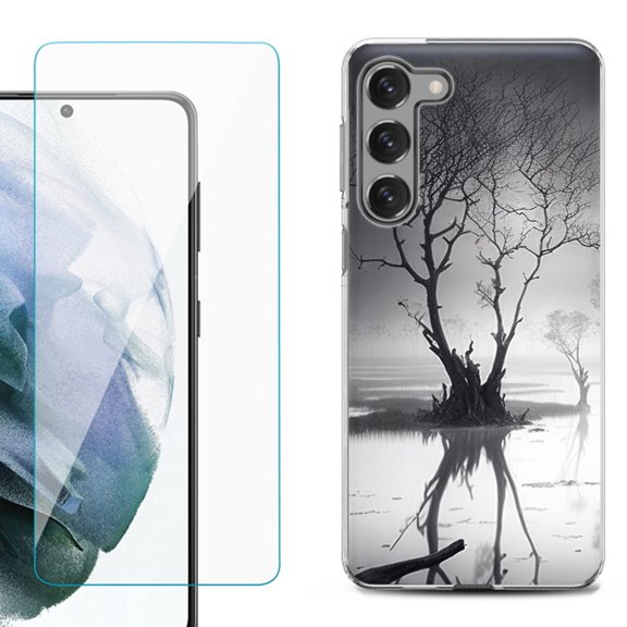 Shockproof Fashion Phone Case for Samsung Galaxy S23 5G, with Tempered Glass Screen Protector, by OneToughShield ® - Tree BW