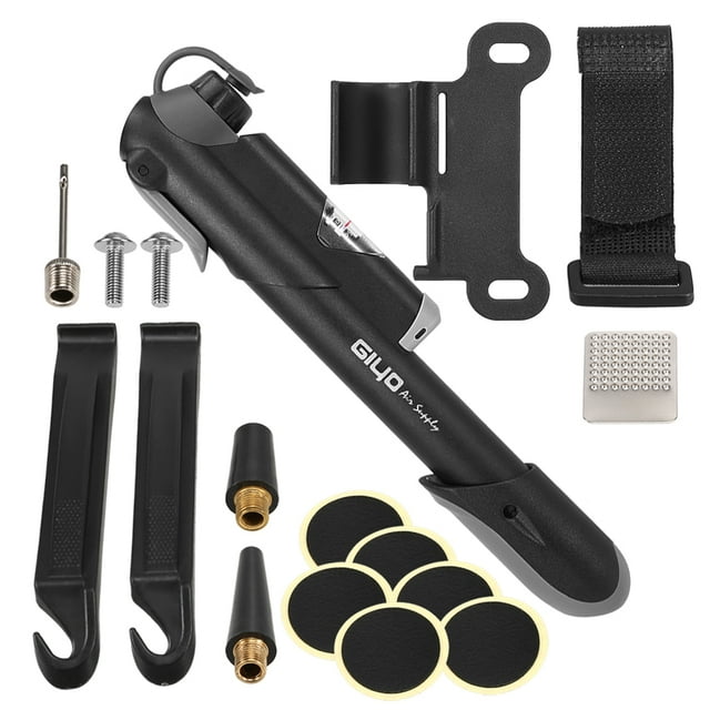 GIYO Compact GIYO Manual Bike Pump with Pressure Gauge & Accessories Kit, Lightweight & Portable for Quick Tire Repairs, Black/Blue, 120PSI Capacity, Includes Mounting Bracket & Tire Tools