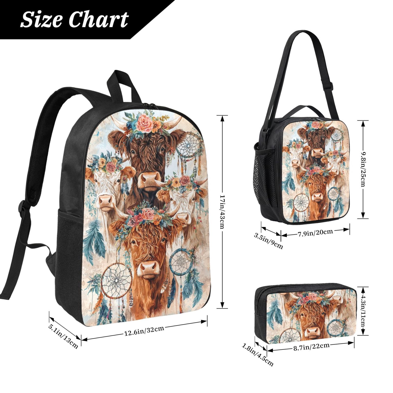 Highland Cow 3 Piece Backpack Casual Multifunction Travel Backpacks 17"