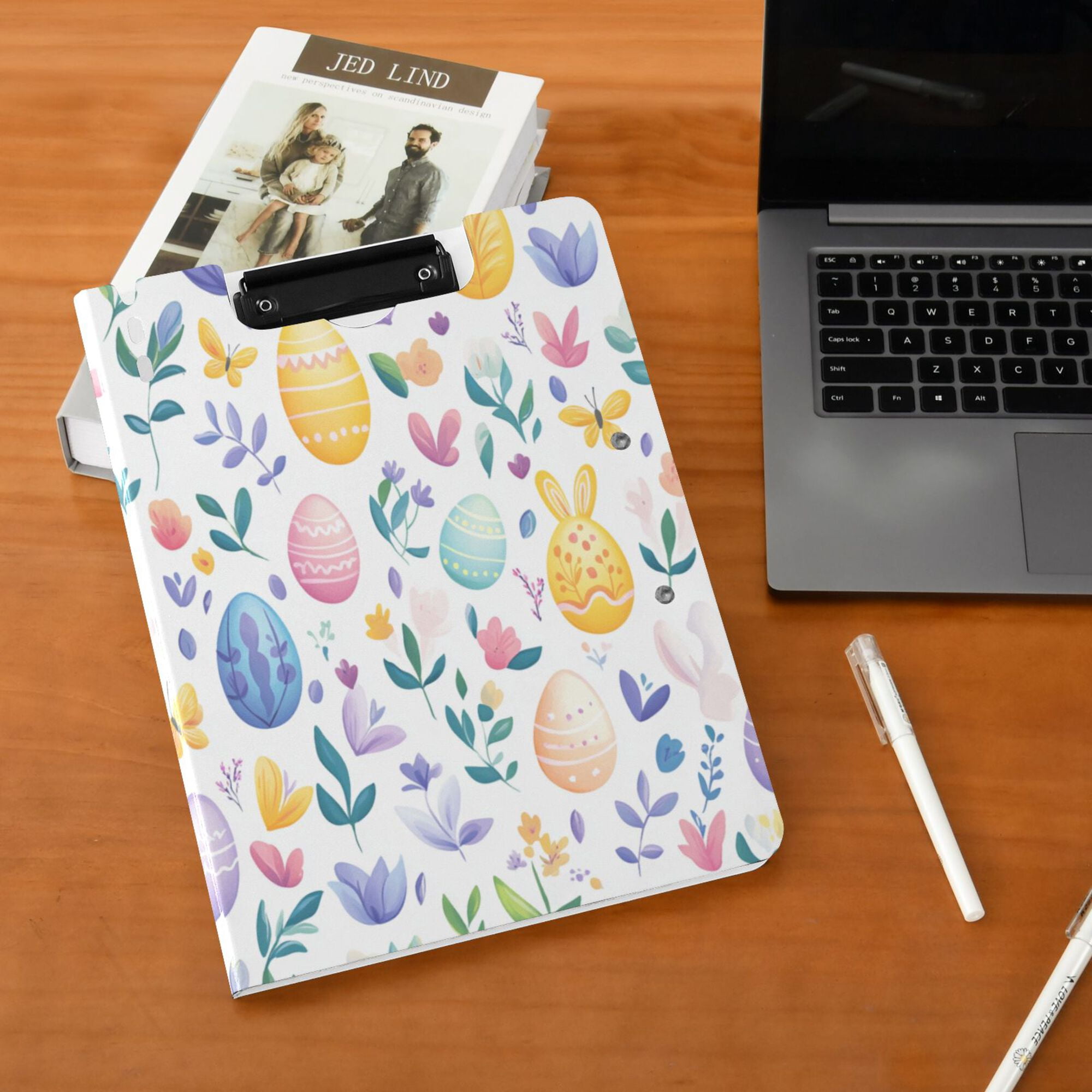 FORMRS A4 Clipboard Folder with Pen Holder Horizontal Foldable School Office Binder, Purple Easter Eggs