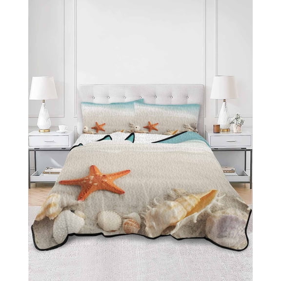 Quilts Full Size, Summer Oceans Beaches Soft Comforter Bedding Set for Bed, Sea Waves Starfish Shells Coastal Lightweight Quilted Bedspread with Pillow Cover(2 Pieces) for All Season, 78x90 Inch