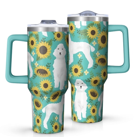 OBREWU White Poodle Dog and Sunflowers Tumbler with Handle and Lid,White Poodle Dog and Sunflowers 40oz Double Wall Vacuum Insulated Tumbler,Cups Gift for Women and Men