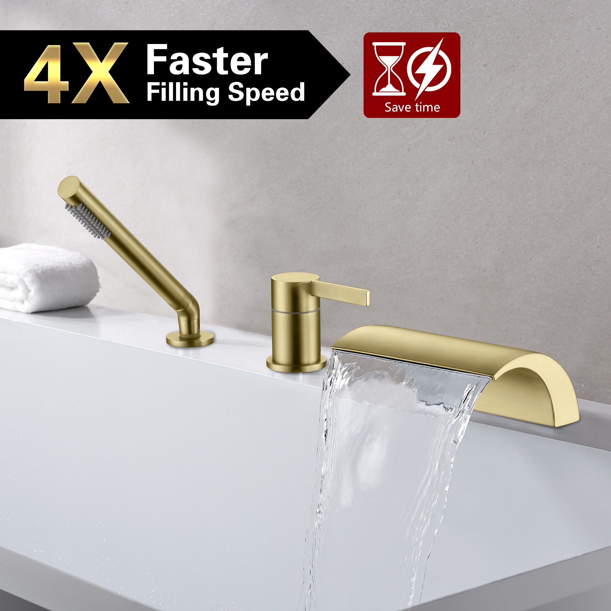 SUMERAIN Waterfall 3 Holes Roman Tub Faucet Brushed Gold, High Flow Bathroom Tub Filler with Handheld Shower