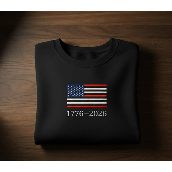 1776–2026 American Flag Sweatshirt with Minimal Patriotic Embroidery for Semiquincentennial Celebration