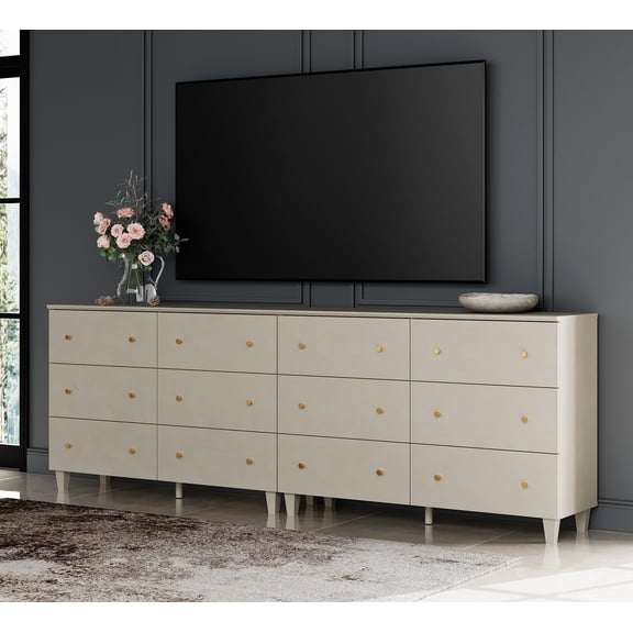 WAMPAT TV Stand Cabinets for 100 Inches TVs, 2-in-1 Modern Wooden Media Console with 12 Spacious Drawers for Living Room, Beige