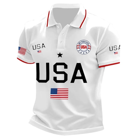 Telankuip Men's USA Flag Printed Polo Shirts American 250th Anniversary Patriotic Tops Summer Button up Short Sleeved Tees Comfort Stretch Fabric for Daily Wear White XL