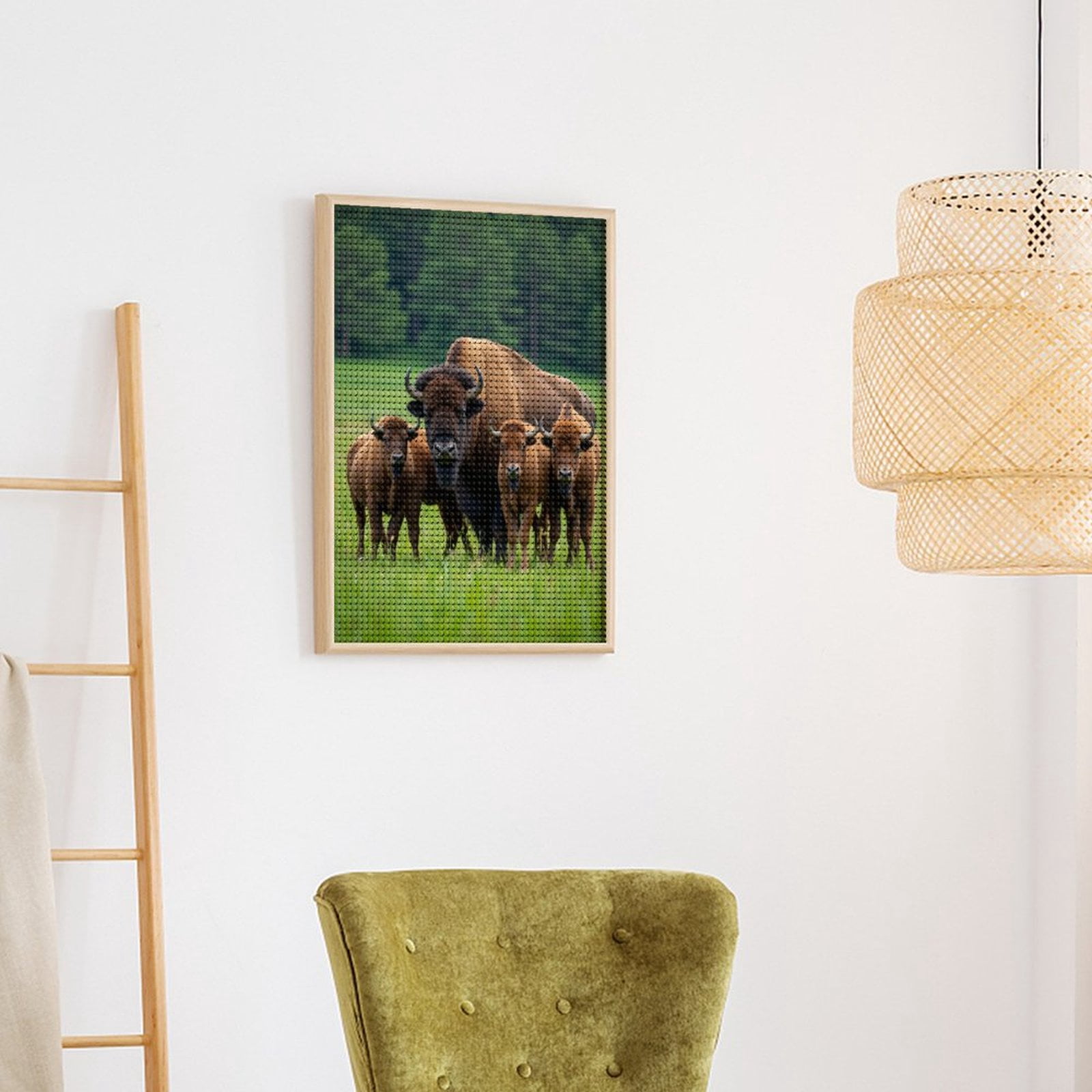 Diamond Art Kits for Adults, Bison Family In Lush Green Field 5D Diamond Painting Kits for Adults Beginners, DIY Full Drill Diamond Painting, Gem Art and Crafts 12x16