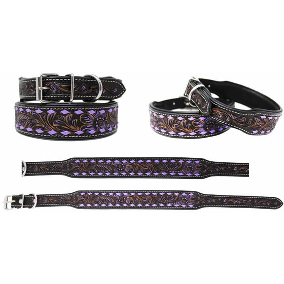 Large 21''- 25'' Padded Leather Dog Collar Heavy Duty Floral Tooled 60FK22