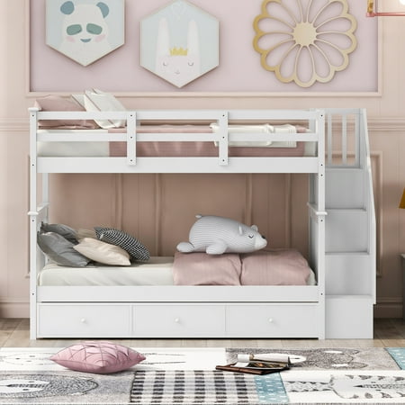 Dcenta Stairway Twin-Over-Twin Bunk Bed with Three Drawers for Bedroom  Dorm - White