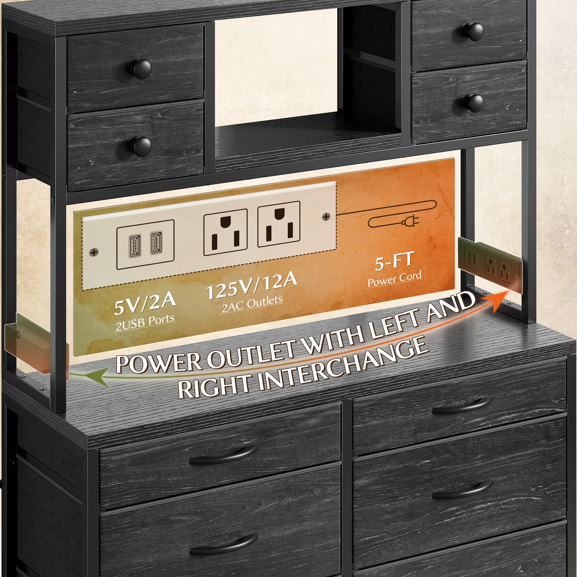 EnHomee Black Tall Dressers for Bedroom with Fabric 14 Drawers Dresser with LED Lights and Charging Station,Chests of Drawers with Open Shelves,,62.8"H*11.8"D*35.4"W