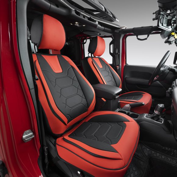 Oasis Auto Fundas De Asiento Personalizadas Para Wrangler Jk 2007-2017, 4 Puertas, Impermeables, De Piel Sintética, Protector De Asiento Unlimited X Rubicon Sahara (Juego Completo Negro Y Rojo)