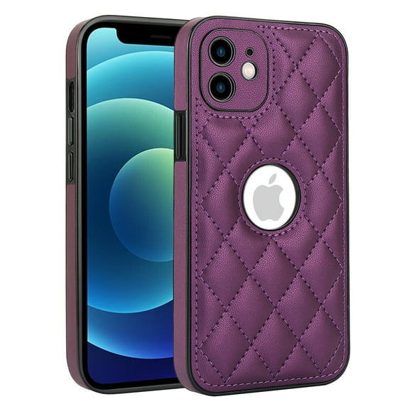 Compatible WIth iPhone 12 Phone Case with Logo Window,Trendy Diamond-checkered Pattern PU Leather Soft TPU Ultra Slim Anti-fall Shockproof Protective Back Cover Phone Case,Deeppurple