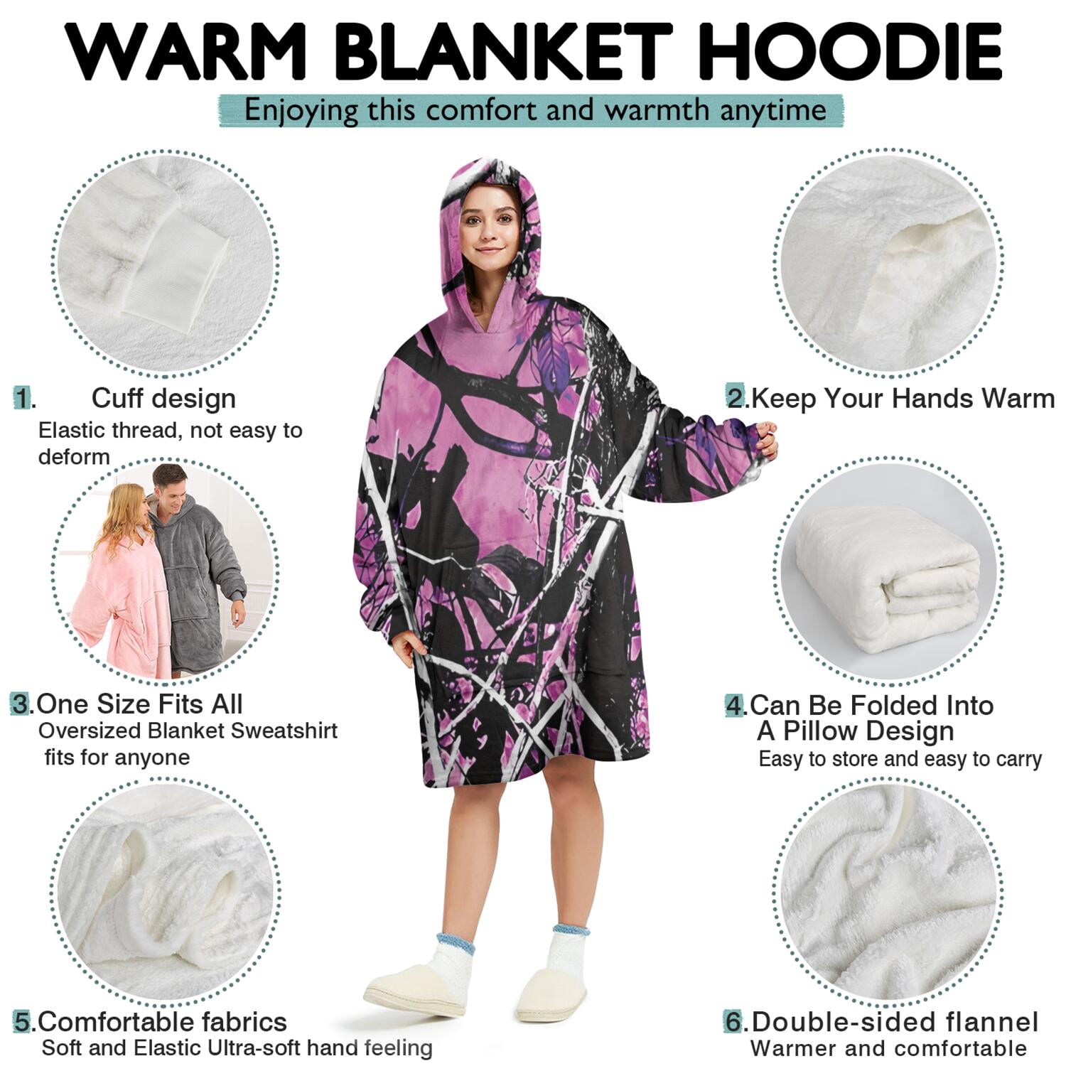 Purple Camo Tree Branch Pattern Wearable Oversized Blanket,Wearable Blanket Hoodie for Adults,Cozy Hooded Blankets with Super Pockets,Super Warm Fuzzy Pullover for Women & Men